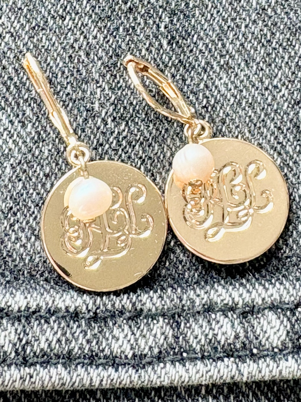 Lauren Ralph Lauren Gold Monogram Disc Drop Earrings with Pearl Accent